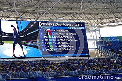 Screen displaying athletes names at Rio2016 Editorial Stock Photo