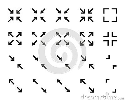 Screen full icon. Icons of full screen. Extend of size page. Expand of window. Symbols of fullscreen. Buttons of enlarge for Vector Illustration