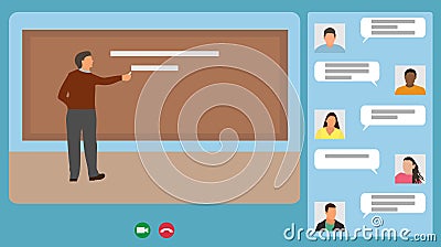 Screen of laptop or computer monitor. Man teacher write chalk on blackboard and students of University chatting. Distance learning Vector Illustration