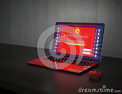 Screen of laptop computer showing alert that the computer was attacked by ransomware Stock Photo
