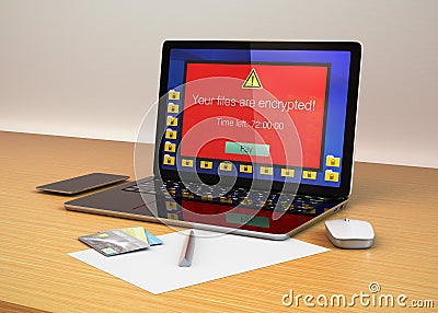 Screen of laptop computer showing alert that the computer was attacked by ransomware Stock Photo