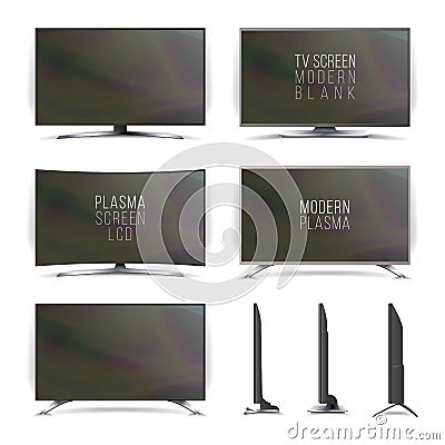 Screen Lcd Plasma Vector. Television Set. Curved and Flat TV screen lcd, plasma. Two Sides. Isolated On White Background. Realisti Vector Illustration