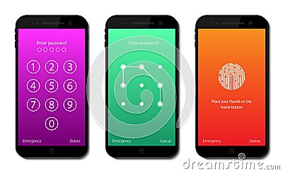 Screen lock on mobile phone. Interface unlock password at home page of smartphone. Slide touch, number passcode on display of Vector Illustration