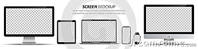 Screen mockup. Computer monitors, laptop, tablet, smartphone and smartwatch with blank screen for design Vector Illustration