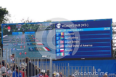 Screen with Rio2016 rowing women's pair start list Editorial Stock Photo