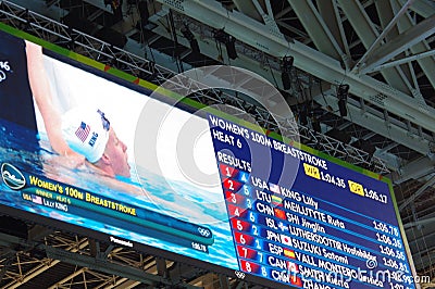 Screen at Rio2016 swimming heats showing Lilly King Editorial Stock Photo