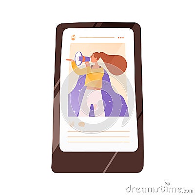 Screen of smartphone with a social network post of woman activist vector flat illustration. Internet advertisement in Vector Illustration