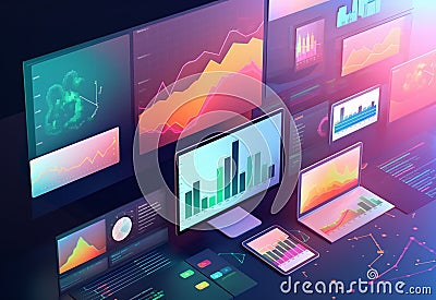 screens with variety modern Data Analytics Statistics Information Business Technology Stock Photo