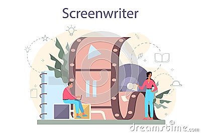 Screenwriter concept. Person create a screenplay for movie. Author Vector Illustration