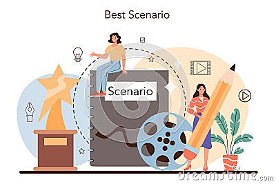 Screenwriter concept. Playwright create a screenplay for movie. Vector Illustration