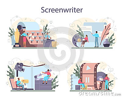 Screenwriter concept set. Person create a screenplay for movie. Author Vector Illustration