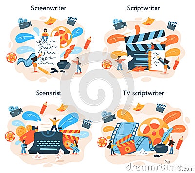 Screenwriter concept set. Person create a screenplay for movie. Vector Illustration