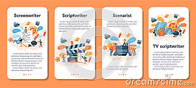Screenwriter mobile application banner set. Person create a screenplay Vector Illustration