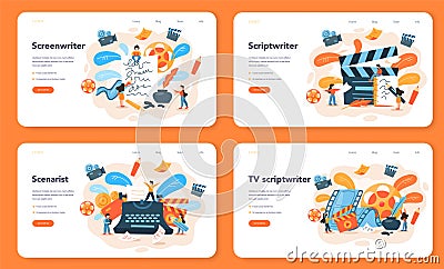 Screenwriter web banner or landing page set. Person create a screenplay Vector Illustration