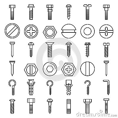 Screw-bolt icons set, outline style Vector Illustration