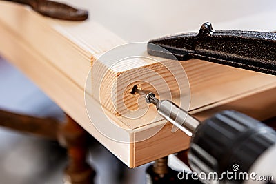 A screw is screwed into wood with a cordless screwdriver Stock Photo