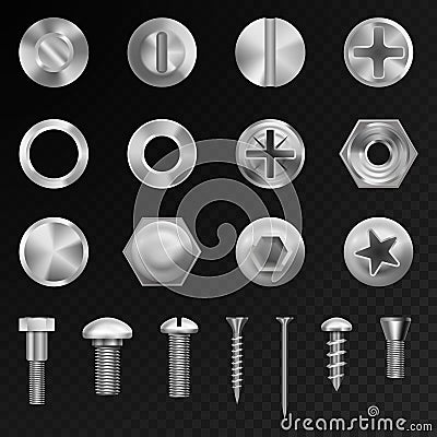 vector steel bolts nuts and metal rivet screwing chrome head bolts construction elements illustration Vector Illustration