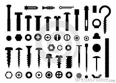 Screw tools set, bolt and nail nut. Hook and fastener, carpenter icons, building drill, clincher, business construction Vector Illustration