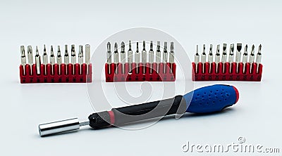 Screwdriver with bit set isolated on white background Stock Photo