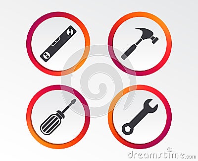 Screwdriver and bubble level, hammer. Vector Illustration