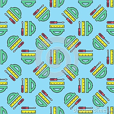 Screwdriver and Protractor with yellow Ruler vector colored seamless pattern Vector Illustration