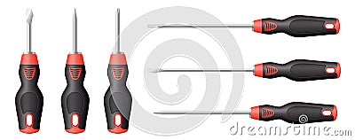 Screwdriver realistic set. Tool for unscrew and screw, maintenance, industry and home fix Vector Illustration