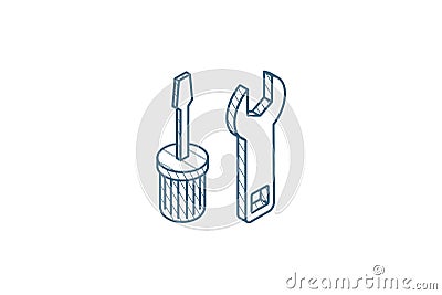 screwdriver, wrench tool, setup, settings isometric icon. 3d line art technical drawing. Editable stroke vector Cartoon Illustration