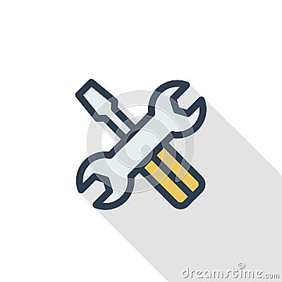 Screwdriver, wrench tool, setup, settings thin line flat color icon. Linear vector symbol. Colorful long shadow design. Vector Illustration