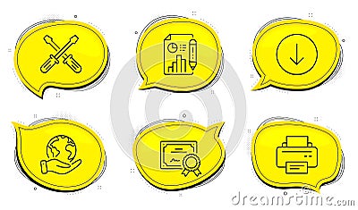 Screwdriverl, Printer and Scroll down icons set. Report document sign. Vector Vector Illustration