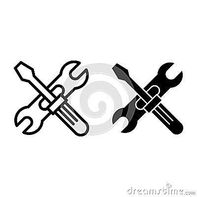 Screwdriwer and adjustable wrench line and glyph icon. Repair vector illustration isolated on white. Screwdriver and Vector Illustration