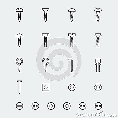 Screws, bolts and nuts icons in linear style Vector Illustration