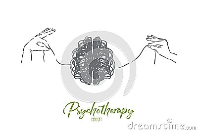 Scribble brain, hands untangling mind thread, problem solving metaphor Vector Illustration