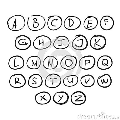 Scribble Circle Font Hand Drawn Alphabet Black Isolated Vector Illustration