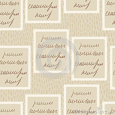 Scribble handwritten script text on post stamps seamless pattern. Unreadable letter endless background. Illegible note repeat Vector Illustration