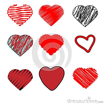 Scribble hearts. hand drawn doodle heart shapes symbols, isolated design elements Vector Illustration