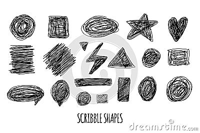 Scribble texture set. Pencil drawing with shapes of circle, star, heart. Chaotic sketch elements Vector Illustration