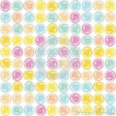 Scribbled ink line circle vector seamless pattern background. Colorful backdrop with brush stroke scribble swirls in Stock Photo
