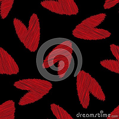 Scribbled vector heart seamless pattern background. Black red love concept backdrop with delicate pencil effect Vector Illustration