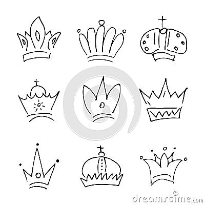 Set of nine simple sketch queen or king crowns Vector Illustration