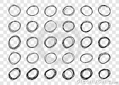 Hand drawn scribble circles. Set of thirty black doodle round circular design elements Vector Illustration