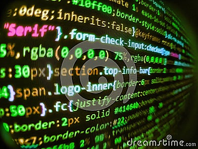 Script on computer with source code. Computer science lesson. Background matrix style. Abstract technological background with Stock Photo