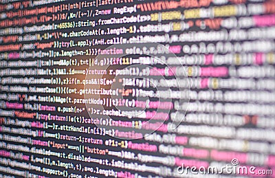 Script HTML5 in editor for website development. Coding script text on monitor. Computer science lesson. Programming code abstract Stock Photo