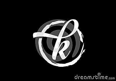 Script letter K in a brush circle on black background, Monogram Calligraphy hand drawn alphabet initials and brush circle Vector Illustration