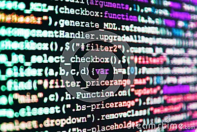 Script procedure creating. Coding hacker concept. CSS, JavaScript and HTML usage. Abstract computer script code. Programmer Stock Photo