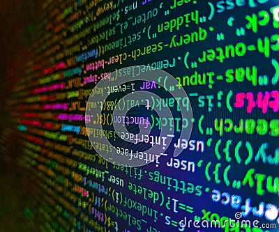 Script procedure creating. Creative Js HTML5 closeup set on background. Web site codes on computer monitor. Lots of digits on the Stock Photo