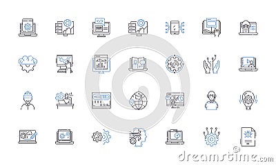 Script writing line icons collection. Dialogue, Plot, Scene, Characterization, Format, Storytelling, Climax vector and Vector Illustration