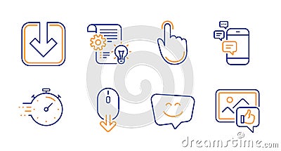 Scroll down, Communication and Timer icons set. Cogwheel, Smile face and Load document signs. Vector Vector Illustration