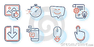 Scroll down, Communication and Timer icons set. Cogwheel, Smile face and Load document signs. Vector Vector Illustration