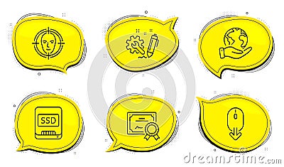 Scroll down, Face detect and Ssd icons set. Engineering sign. Mouse swipe, Select target, Memory disk. Vector Vector Illustration