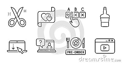 Scroll down, Faq and Correct checkbox icons set. Scissors, Video content and Love letter signs. Vector Vector Illustration